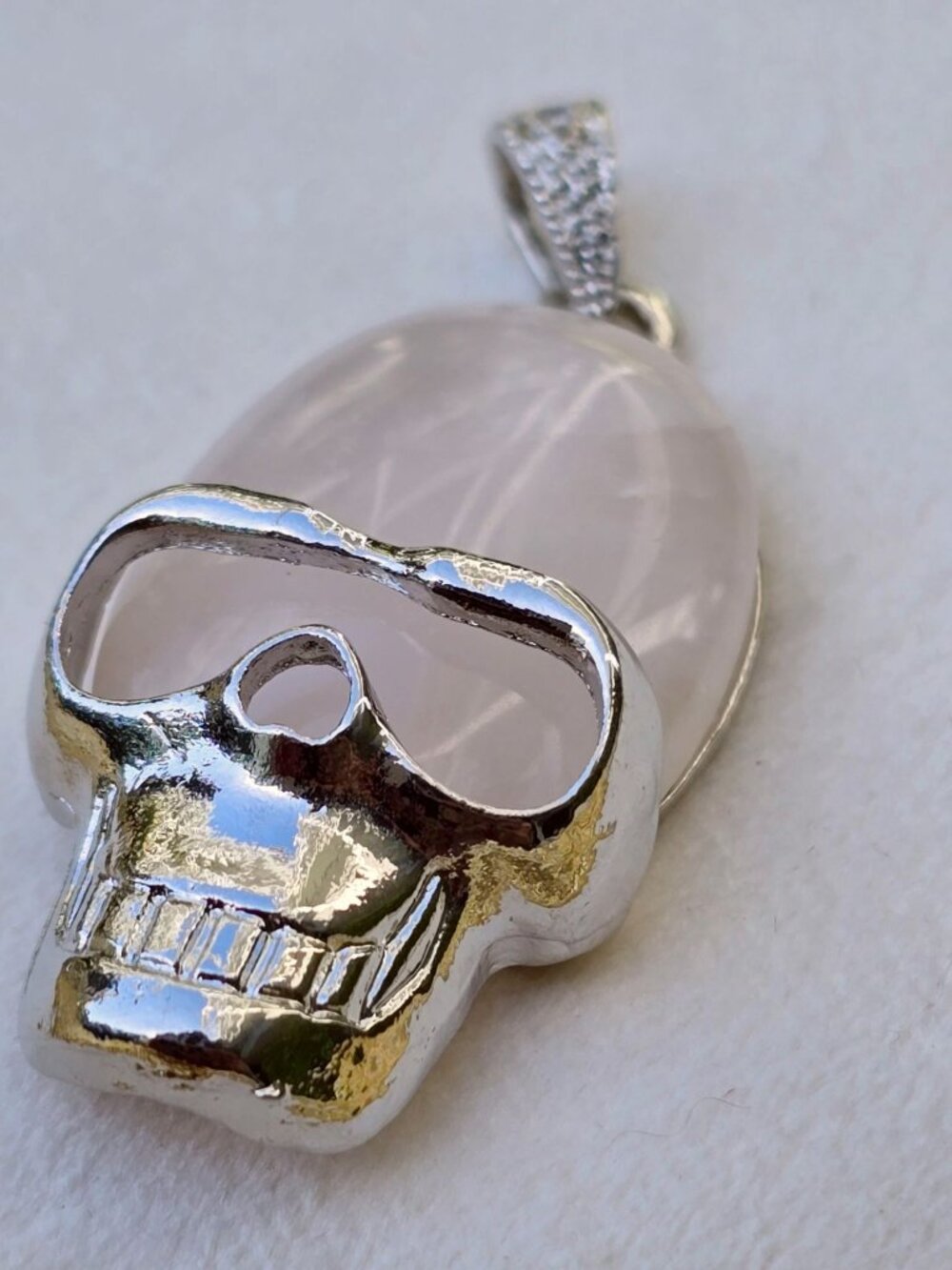 Hand Crafted ✦ Rose Quartz Stainless Steel Skull Pendant ✦ Gothic Pink Gemstone - Picture 2 of 7